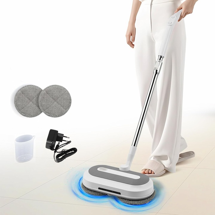 Mop electric rotativ DreamRamp cu pulverizator de apa, Led pentru colturi intunecate si acumulator durabil. Eficienta pentru orice suprafata. Culoare alb auriu