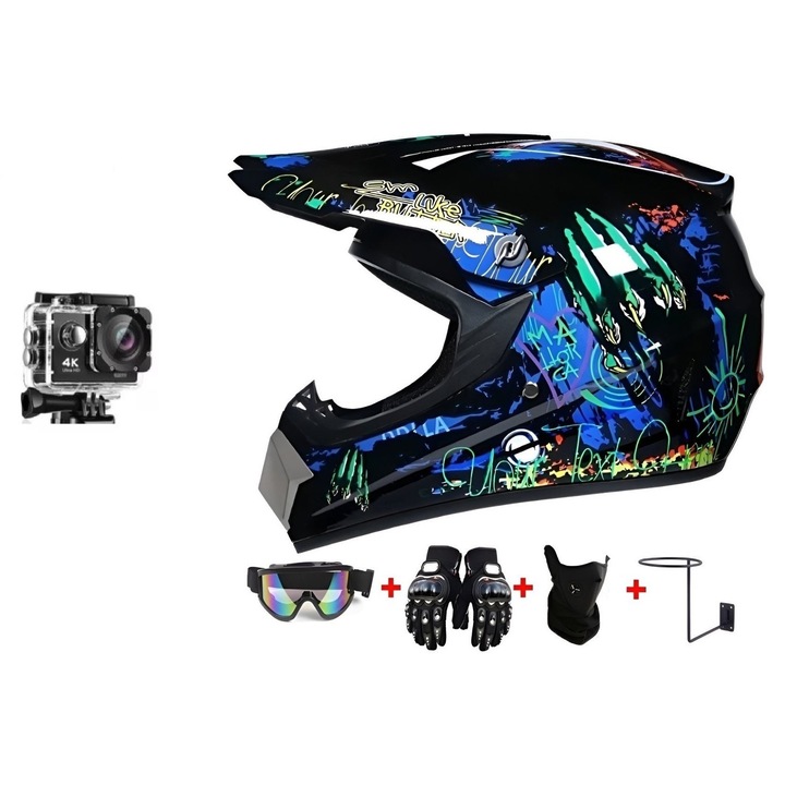 Set Casca de Protectie si Camera Video Sport 4K, Manusi, Ochelari si Cagula, pentru Motociclete, Cross, Enduro, ATV, Dirt Bike, Marime S, ABS, Negru Albastru, Interior Detasabil Lavabil, Flytec™