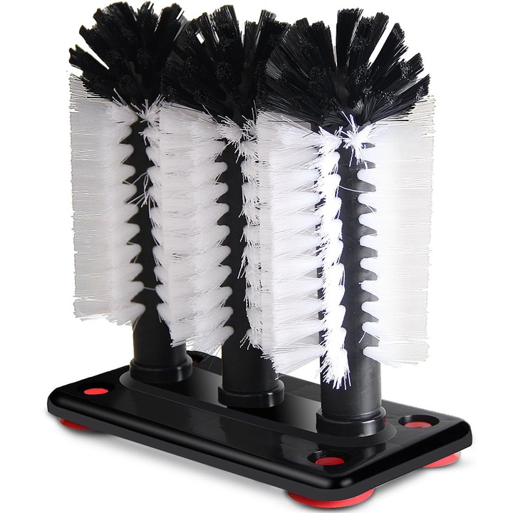 Комплект от 3 четки за миене на бутилки и чаши, JENUOS®, с 4 вендузи за фиксиране, 22 x 18, 5 x 10 см, Черно/Бяло