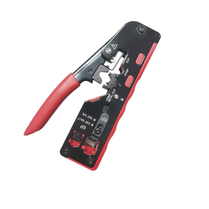 Cleste de sertizare multifunctional, cablu retea UTP, FTP, conectori RJ45, RJ11, RJ12, pass through, taiere si dezizolare cablu, Rosu
