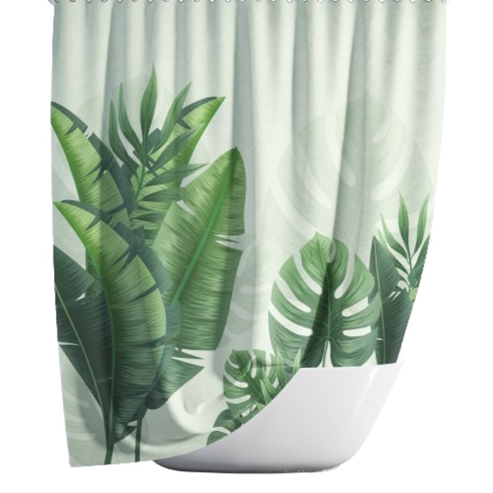 Perdeau de dus textil, 180x200cm, cu inele agatate, verde tropical, imprimat digital