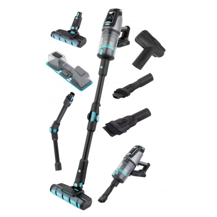 Aspirator vertical si mop Fakir Bolt X Plus Aqua 8472, 550W, 28,8 V, HEPA13 (filtrare 99.9%), autonomie max 1h, 4 trepte de filtrare, Tub flexibil, Ecran LED touch, Recipient praf 600ml, Acumulator detasabil, Perie cu LED, Negru