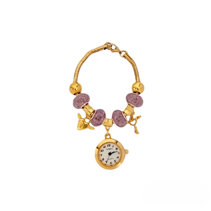 Ceas Dama tip Bratara cu Pandantive Aurii si Margele Mov Transparente, Bratara Flexibila, Auriu/Mov