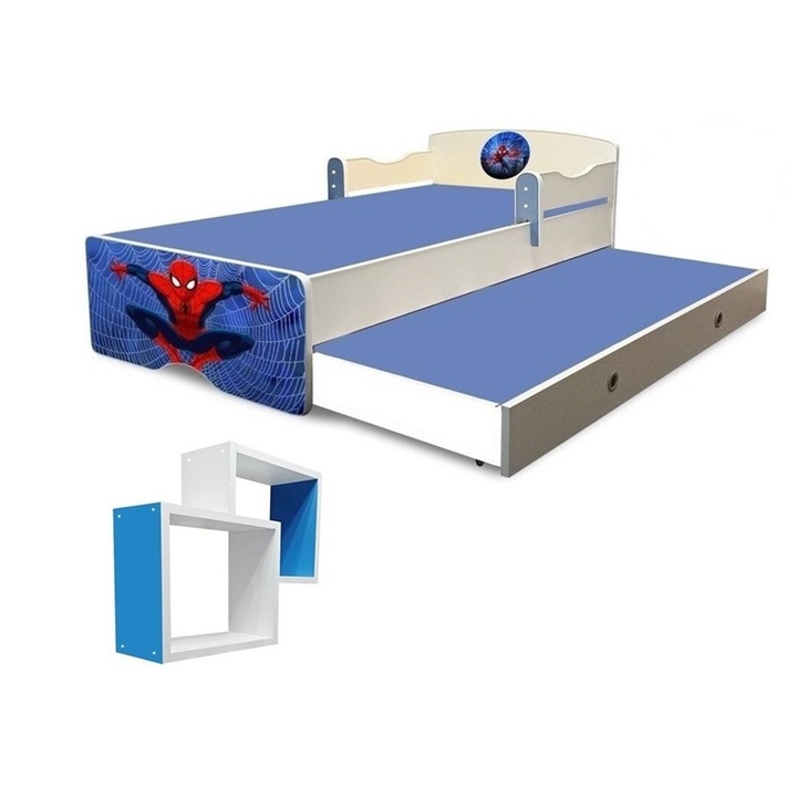 Pat pentru 2 copii Spiderman, 165x85 cm, saltele si etajera incluse