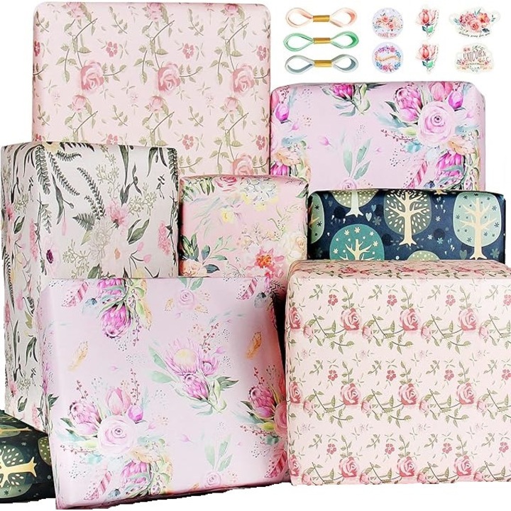 Комплект панделки и опаковъчна хартия Edunass с пастелен флорален дизайн, 14 части, многоцветен