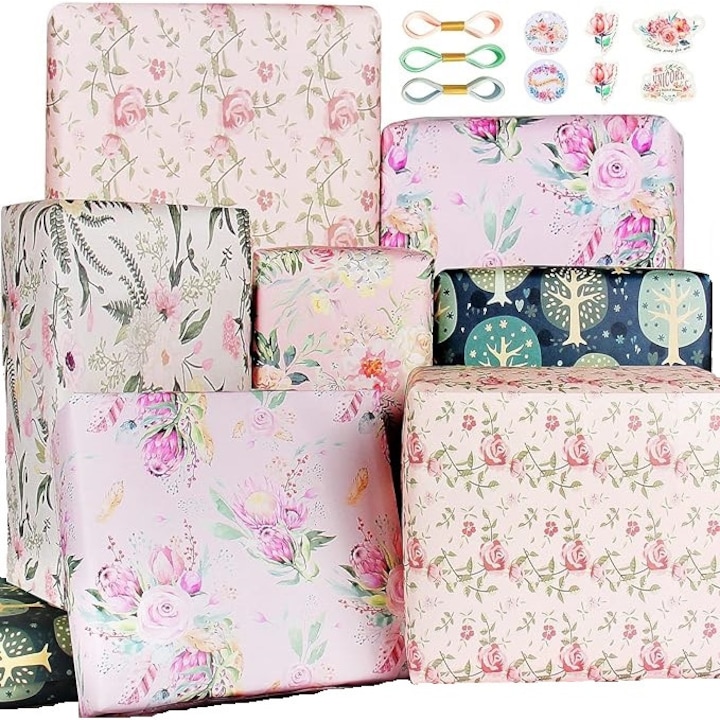 Комплект панделки и опаковъчна хартия Edunass с пастелен флорален дизайн, 14 части, многоцветен