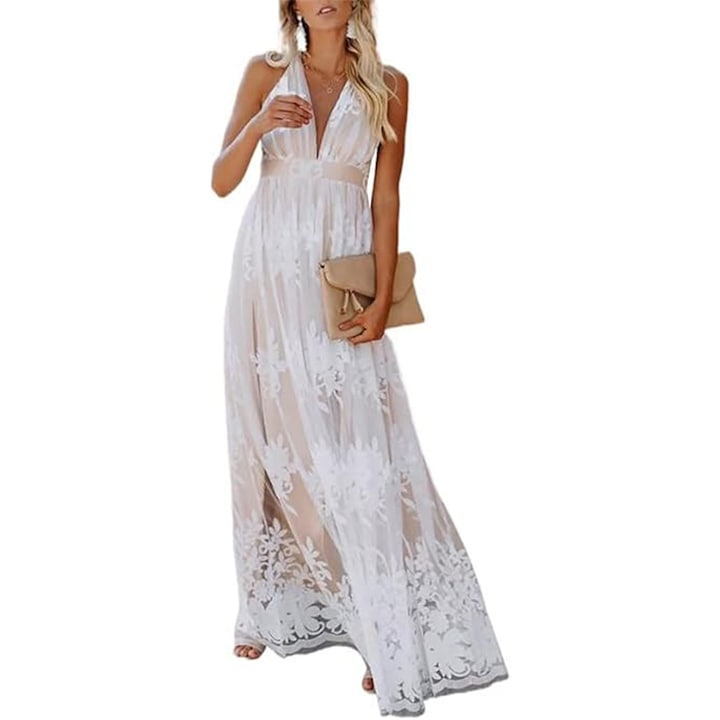 Rochie de dama 2024, formala, cu decolteu in V, brodat cu dantela florala din catifea din plasa (Marime: M)