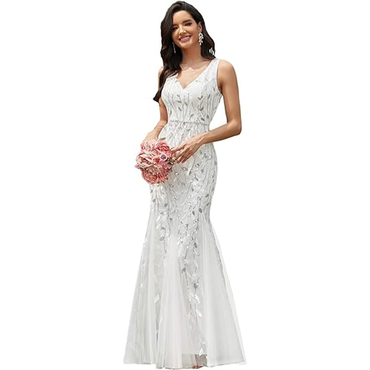 Rochie de seara lunga sirena, fara maneci, cu decolteu in V, cu paiete dublu (40-42 EU)