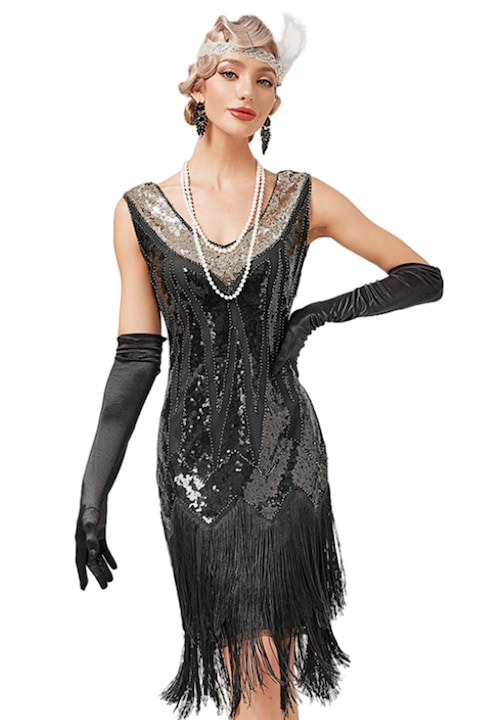 Rochie retro cu ciuperci, rochie bal din paiete, negru, Negru