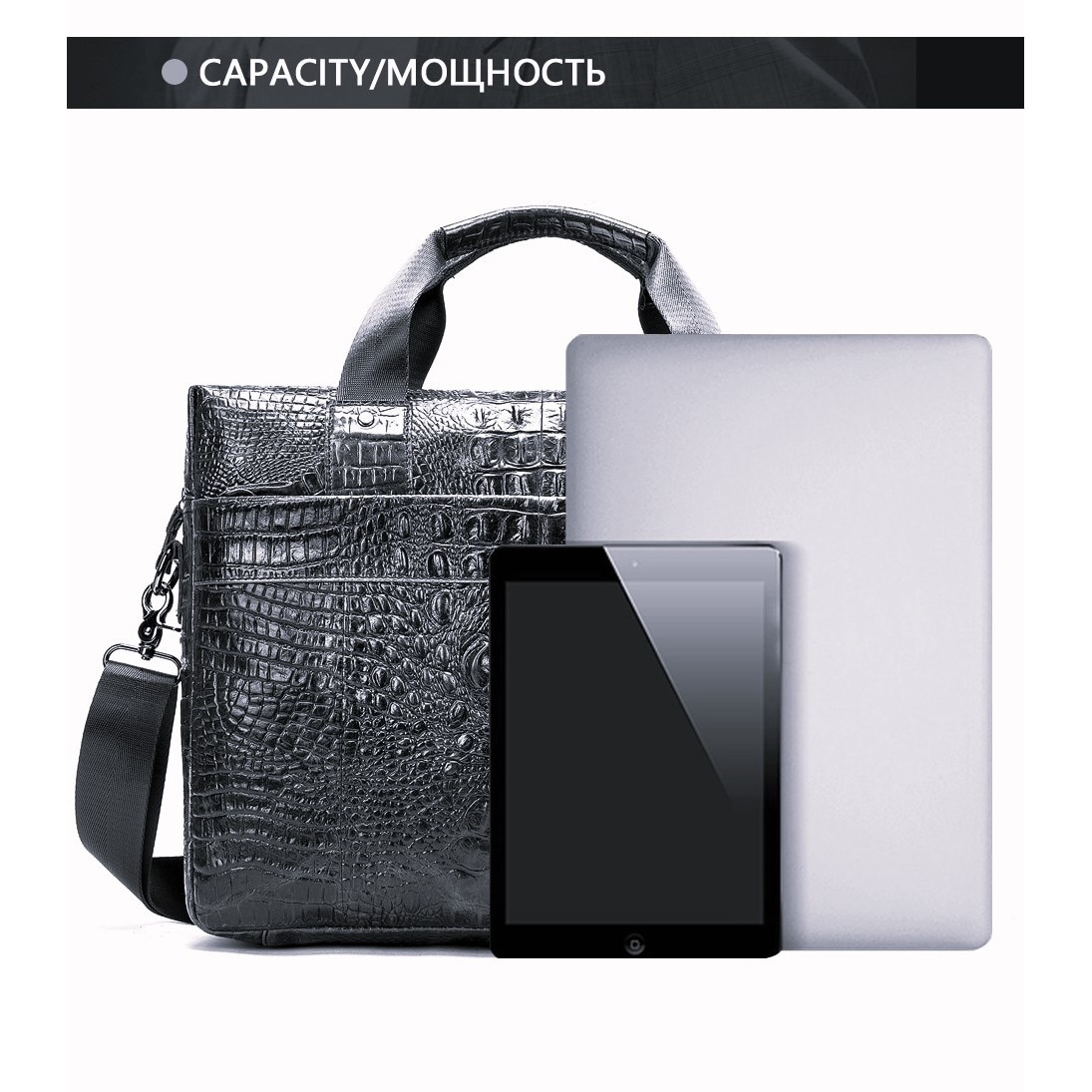Geanta pentru laptop, din piele naturala, SWISSPN, 14.96, print de crocodil, cm 38x29x9, neagra