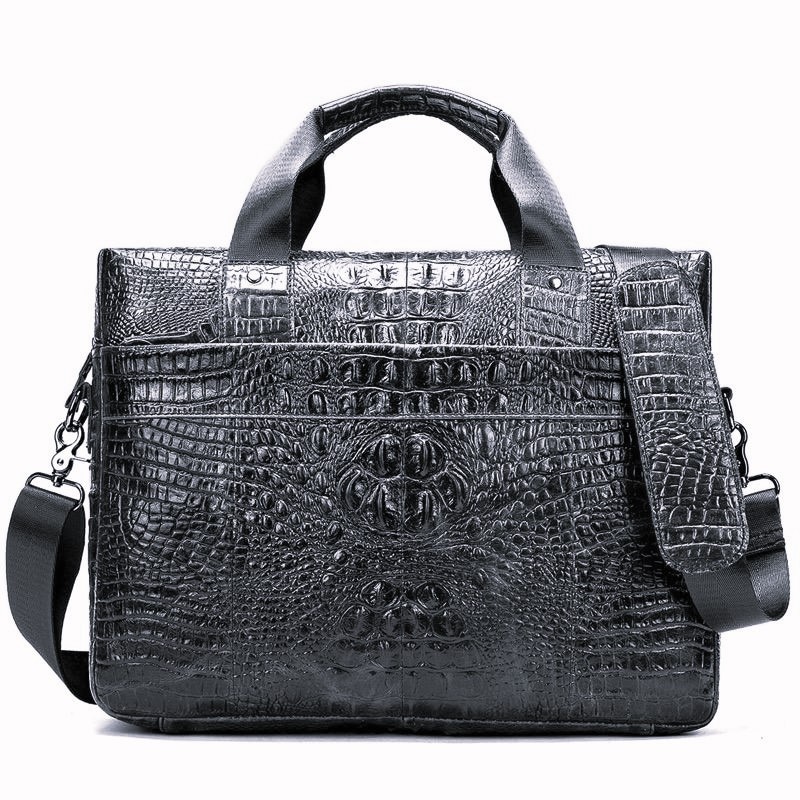 Geanta pentru laptop, din piele naturala, SWISSPN, 14.96, print de crocodil, cm 38x29x9, neagra