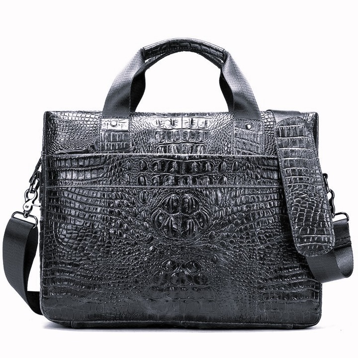 Geanta pentru laptop, din piele naturala, SWISSPN, 14.96, print de crocodil, cm 38x29x9, neagra