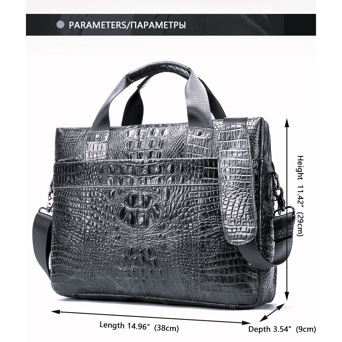 Geanta pentru laptop, din piele naturala, SWISSPN, 14.96, print de crocodil, cm 38x29x9, neagra