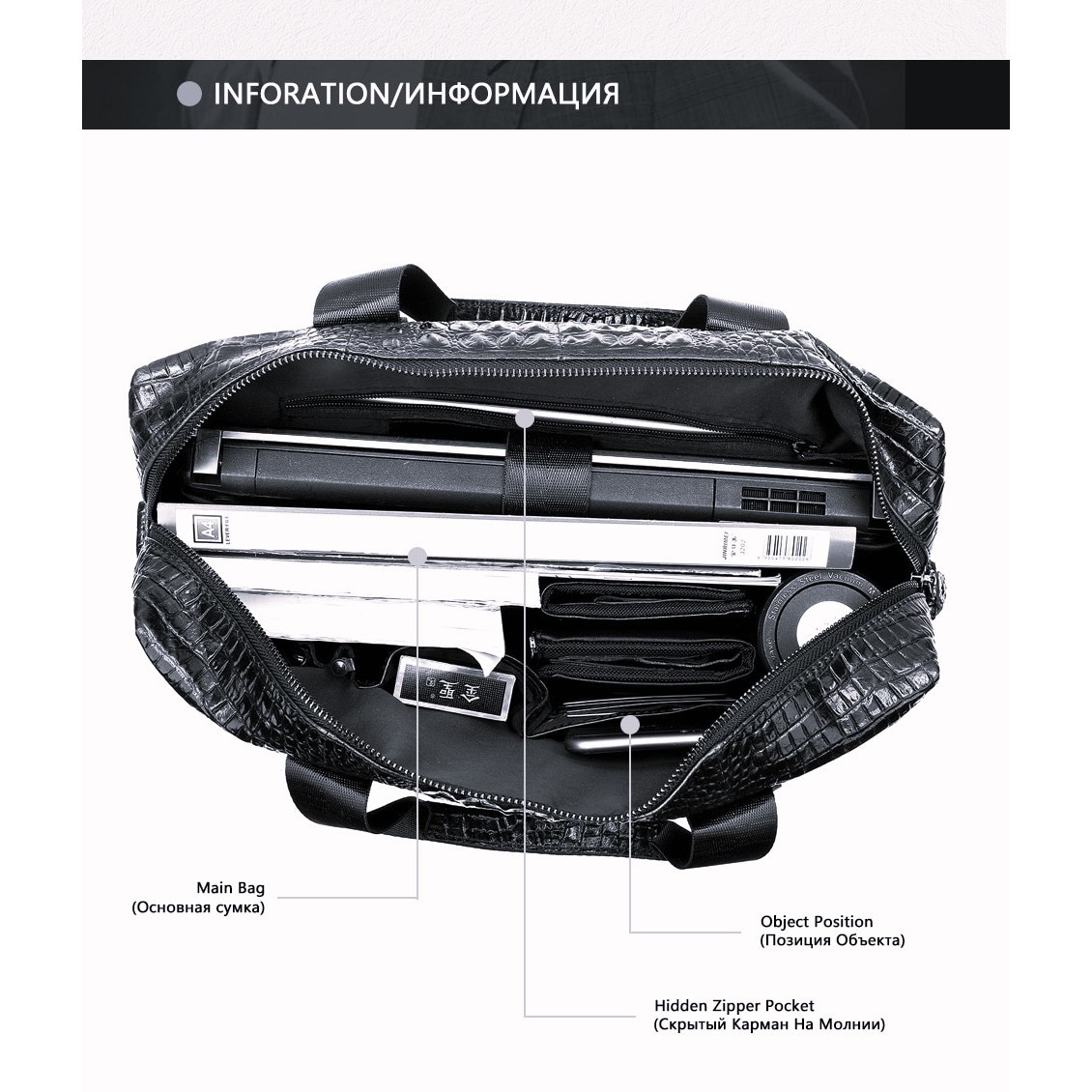 Geanta pentru laptop, din piele naturala, SWISSPN, 14.96, print de crocodil, cm 38x29x9, neagra