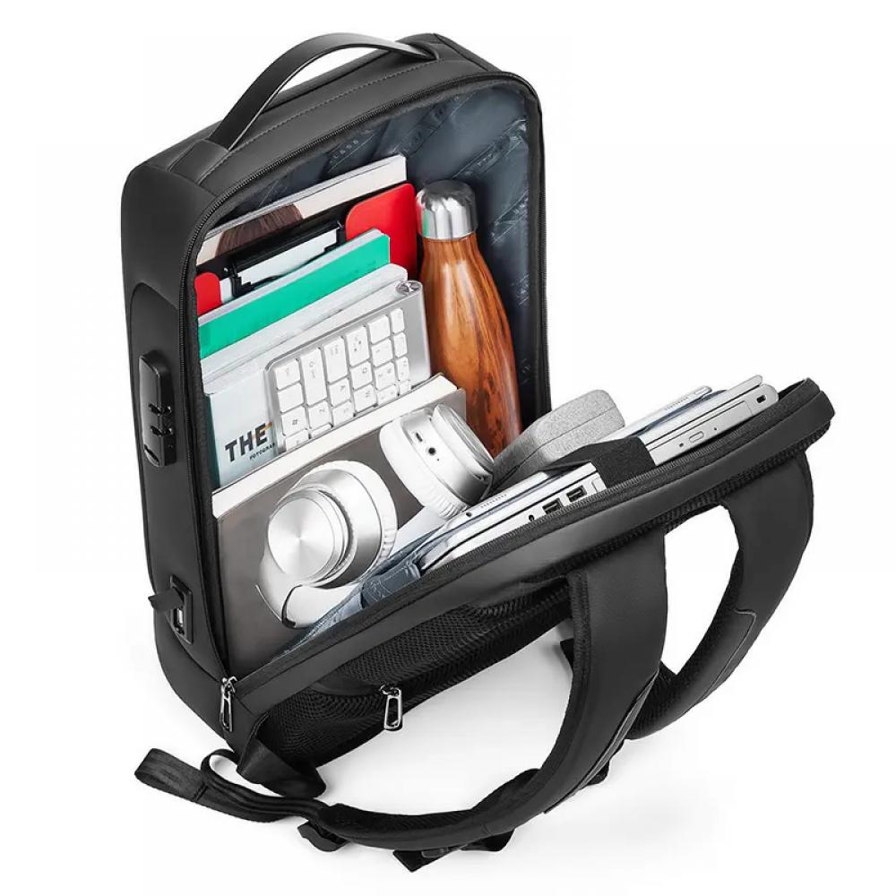 Rucsac pentru laptop 15.6 inch si tableta 9.7 inch, MingLu, 20-35 L, blocare TSA, port USB si micro USB, impermeabil, sistem antifurt, unisex, spatios, negru