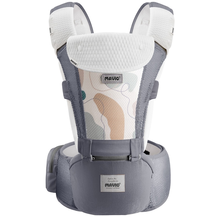 Marsupiu Bebe Mavio®, Ergonomic, Multifunctional cu 6 Pozitii de Purtare, Rucsac sau Frontal, intre 0 si 36 de luni, Reglabil, Greutate Maxima 14.9 kg, Extensie Sold, Protectie Cap, Bumbac si Poliester, Buzunar Depozitare, Gri