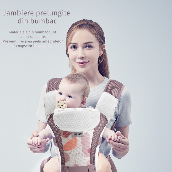 Marsupiu Bebe Mavio®, Ergonomic, Multifunctional cu 6 Pozitii de Purtare, Rucsac sau Frontal, intre 0 si 36 de luni, Reglabil, Greutate Maxima 14.9 kg, Extensie Sold, Protectie Cap, Bumbac si Poliester, Buzunar Depozitare, Roz