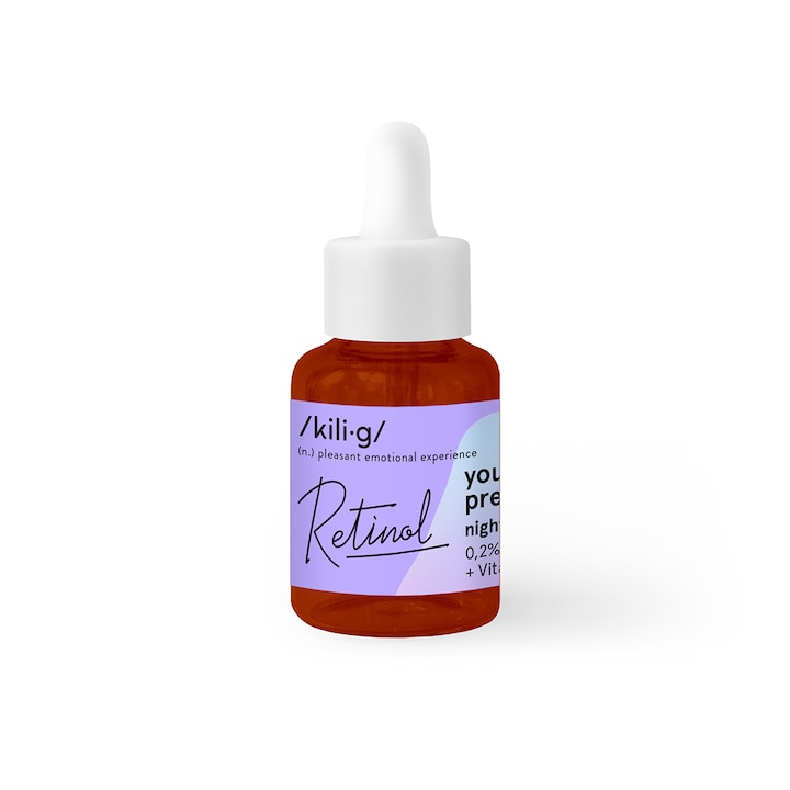 Нощен серум за лице с ретинол, хиалуронова киселина и витамин Е, Kilig, 30 ml