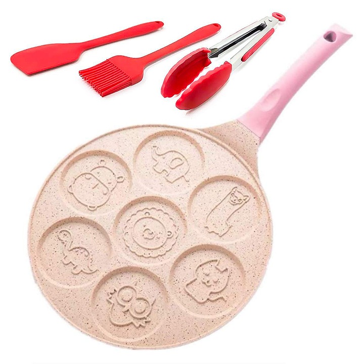 WALALLA Mini Stovetop Тиган за палачинки Незалепващ тиган за палачинки за деца Плоча за готвене на палачинки Уред за готвене на палачинки във формата на животно със силиконова шпатула Щипки Четка за масло WALALLA Pink