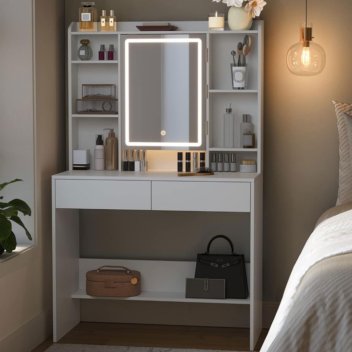 Тоалетна маса с огледало, регулируемо LED осветление, 2 чекмеджета, 90x40x145 см, бяла