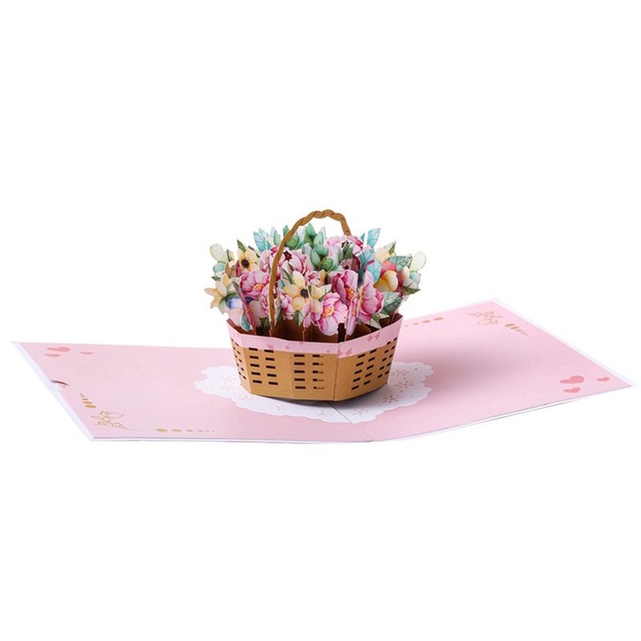 3D поздравителна картичка, модел на кошница с цветя, картон, затворен плик, Ден на майката, многоцветен