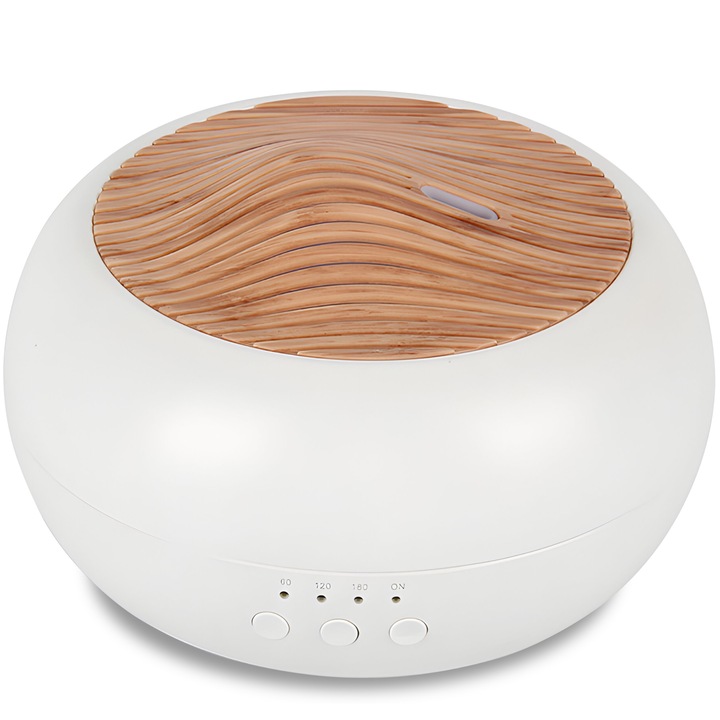 Ultrahangos légpárásító aromaterápiás diffúzorral, 8 LED színnel, 2 fokozatú fényerősséggel, 12 W, 250 ml, időzítővel, fehér fa