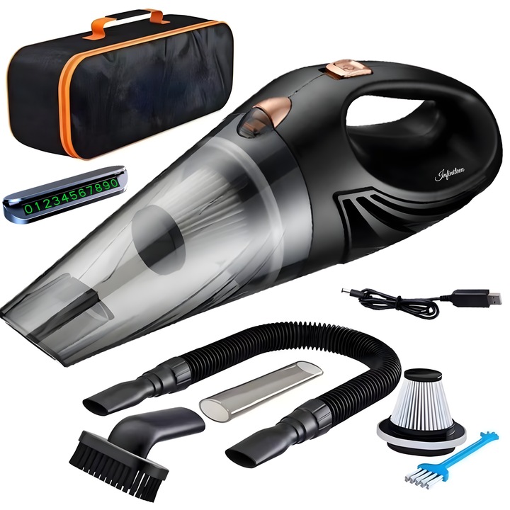 Infiniteea autós porszívó, kézi, vezeték nélküli, nedves és száraz, hordozható, 90 W, otthoni és autótisztítás, USB-töltés, tömlő, kefe, 2 szűk helyű szerszám, szűrő, kábel, tárolótáska, számtartó mellékelve, fekete