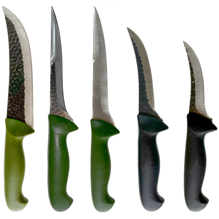 Комплект от 5 месарски ножа, извито острие, зелен, черен, дължина на острието 12 - 20 см