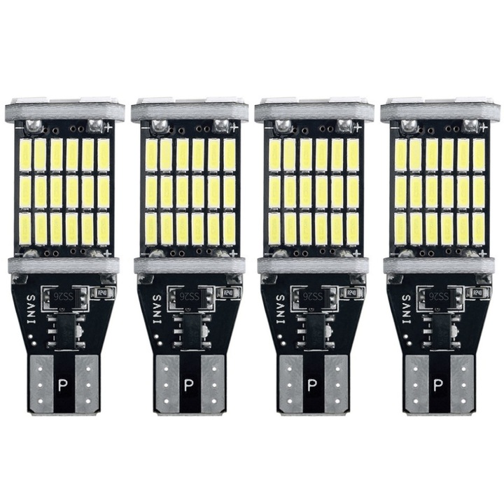 Set 4 becuri LED T15 W16W, 45 SMD 4014, 12-24V, CanBus, enkourakoko®, fara eroare bec ars, pentru marsarier, plafoniera, portbagaj, semnalizare, lumini oglinda, lumini ambientale, lumina alba 6500K