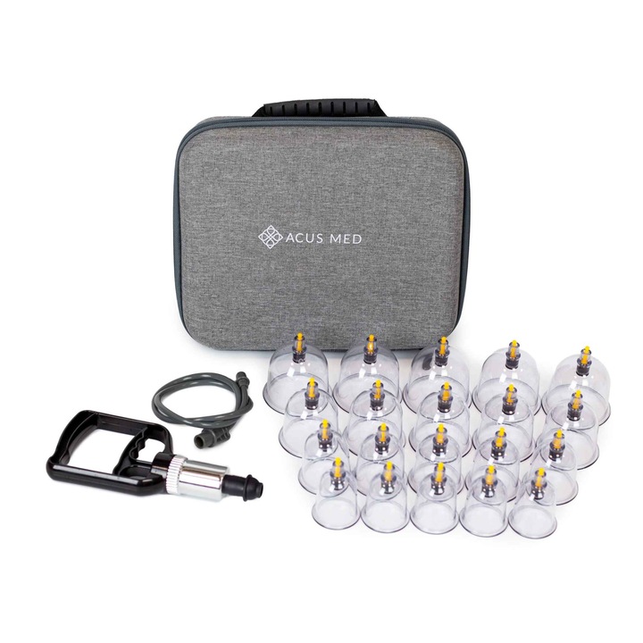 Set profesional de masaj cu 20 de ventuze Acus Med, in valiza, pentru terapie cupping, masaj anticelulitic, relaxare musculara si drenaj limfatic, cu pompa de vacuum inclusa, ideal pentru cabinete si uz casnic