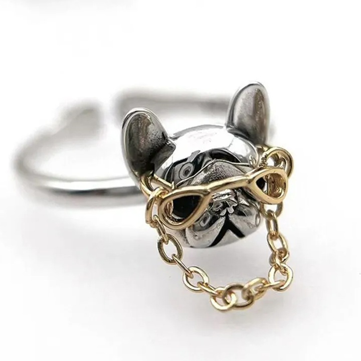 Inel hip hop, model caine punk cu ochelari si lant, tematica cool dog, marime universala, reglabil, unisex, argintiu, EFAYN