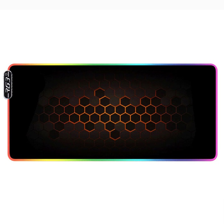 Гумена подложка за мишка, KINSI, RGB светлини, неплъзгаща се, 700x300x4 mm, черна/златна