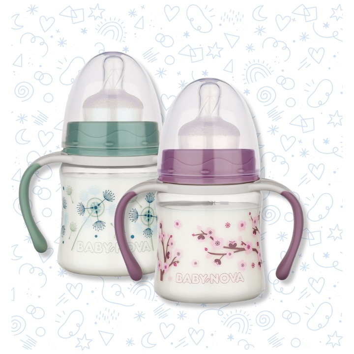 Baby Nova PP széles nyakú tanulópalack fülekkel extra etetőcumival 0-24 hó 150 ml