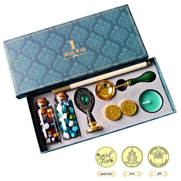 Set sigiliu ceara, FreeBiz®, Alama/Aliaj, 3 model, 22x10x3.5 cm, Verde