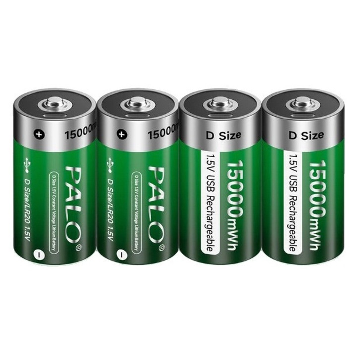 Комплект 4 акумулаторни батерии D, 15000mWh, USB Type-C зареждане, 1.5V, многоцветни