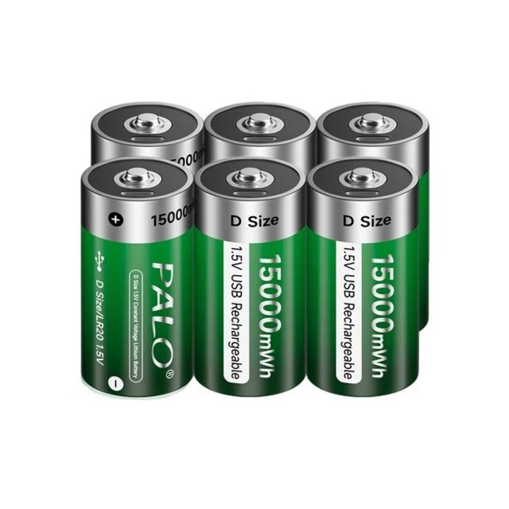Комплект 6 акумулаторни батерии D, 15000mWh, USB Type-C зареждане, 1.5V, многоцветен