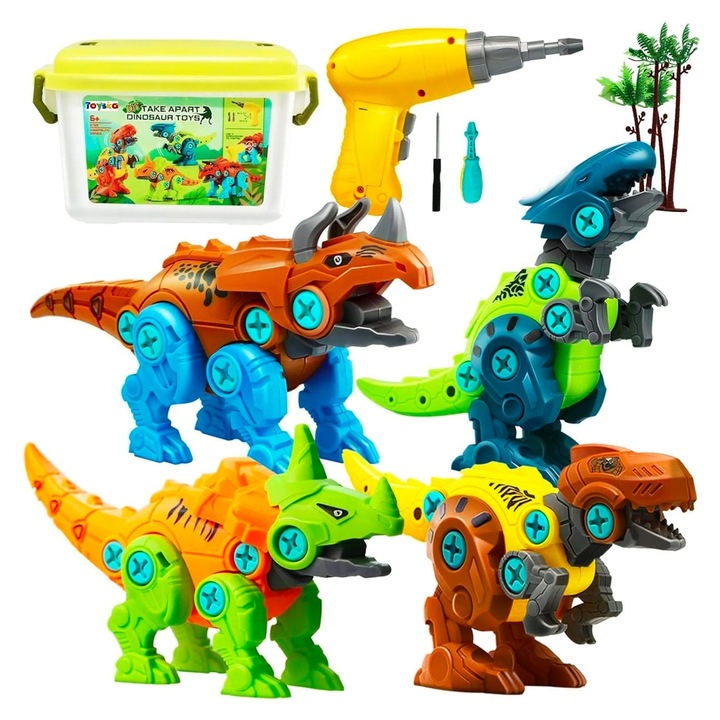 Összeszerelő készlet Dinoszauruszok elektromos fúróval és menetvágó géppel, barkácsolás oktatási STEM konstrukcióval, sokszínű, Toyska®