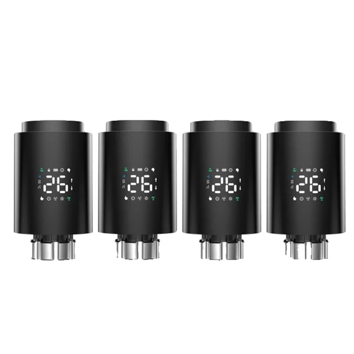 Set 4 Actuatoare Radiator Inteligente, Control Temperatura Programabil, Negru, 50x60mm