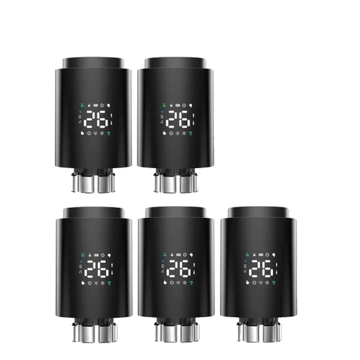 Set 5 Actuatoare Termostatice Radiator, Control Vocal si Programabil, Negru, M30x1.5mm