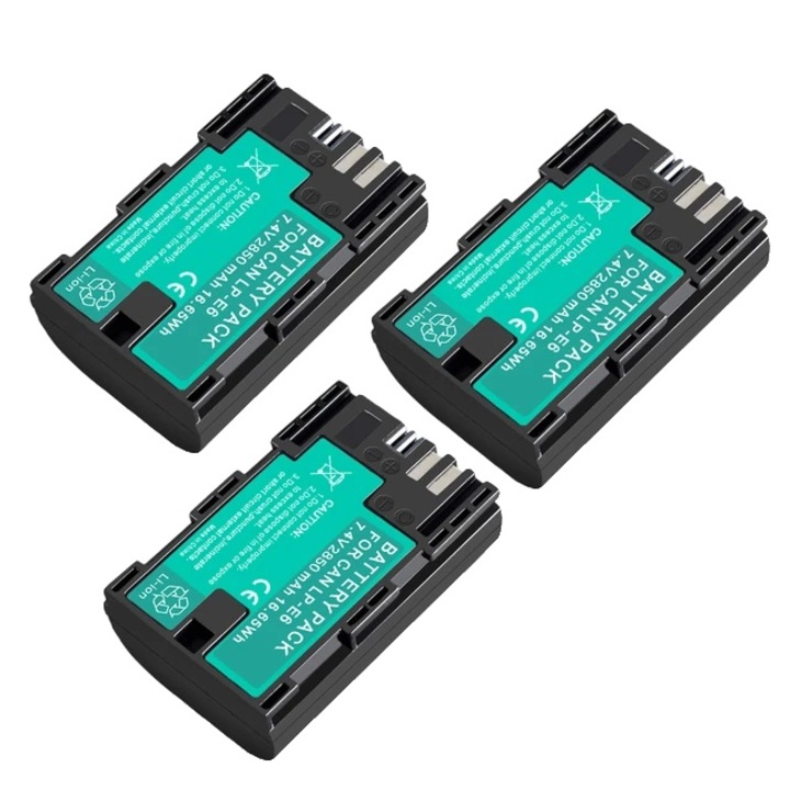 Set 3 baterii 2850mAh si incarcator dual pentru Canon EOS, compatibil serie 5D/6D/7D/R, 7.4V