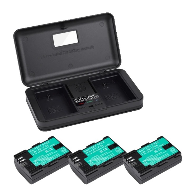 Комплект 3 батерии и двойно зарядно устройство, съвместими с Canon EOS, 2850mAh, 7.4V