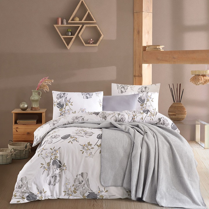 Set lenjerie pat dublu si patura, bumbac 100% ranforce, 240x260 cm, 5 piese, Nazenin Home, Parlin Grey