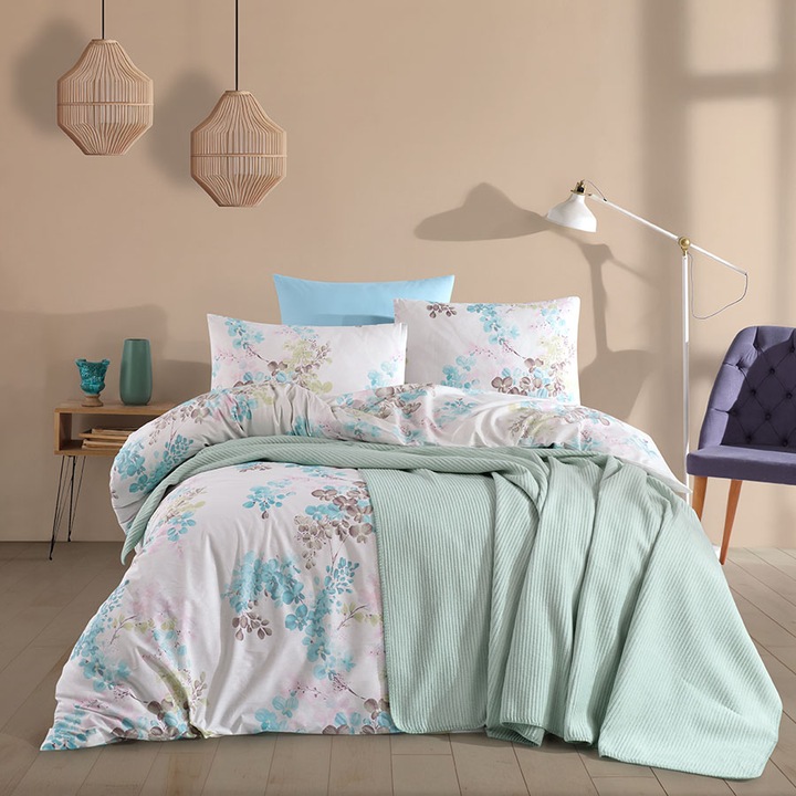Dupla ágyneműgarnitúra és takaró, 100% ranforce pamut, 240x260 cm, 5 db, Nazenin Home, Elina Mint