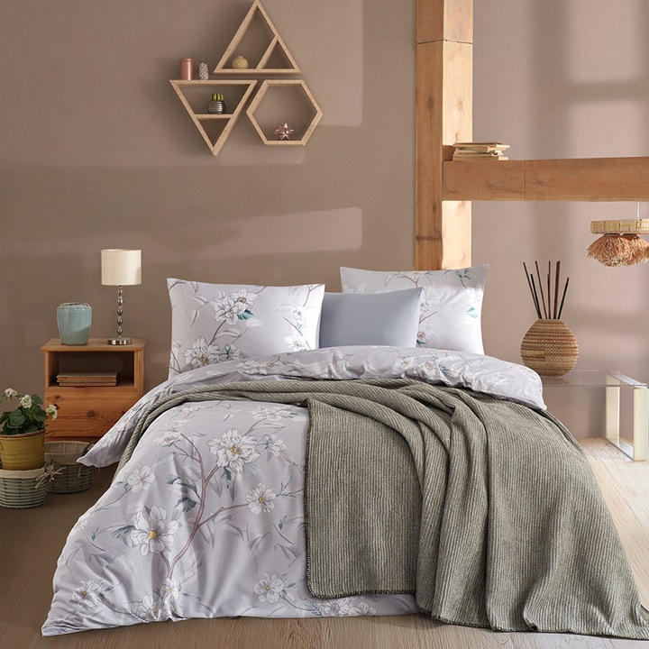 Dupla ágyneműgarnitúra és takaró, 100% ranforce pamut, 240x260 cm, 5 db, Nazenin Home, Laris Green