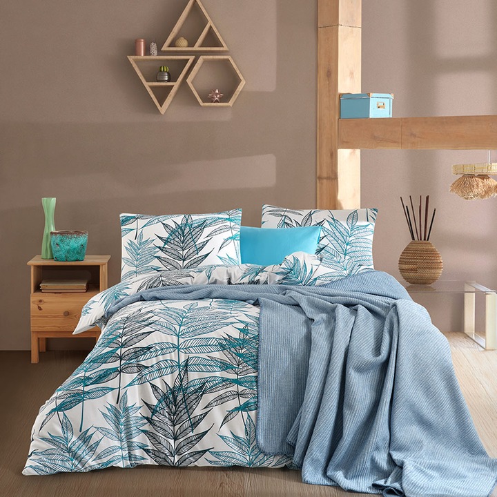 Dupla ágynemű szett és takaró, 100% ranforce pamut, 240x260 cm, 5 db, Nazenin Home, Amazon Petrol