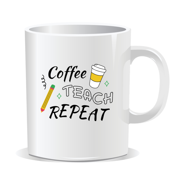 Cana personalizata pentru profesori, Coffee, Teach, Repeat, Profesorii transforma cafeaua in educatie, 330 ml, interior alb