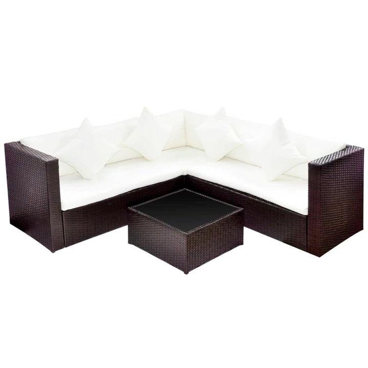 Set mobilier de gradina cu 17 piese, canapea, perne decorative si masa, vidaXL, Poliratan, Maro