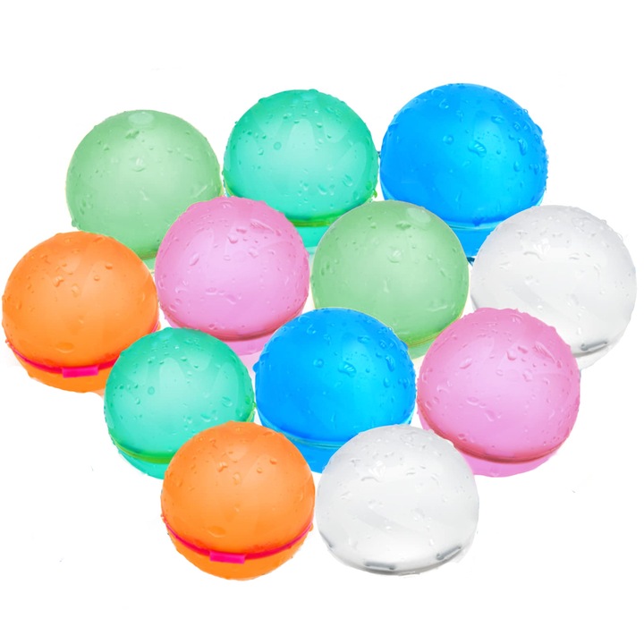 Set 12 baloane de apa, Silicon, CUKIN Mingi din Silicon, Inchidere Snap, umplere rapida, Reutilizabile, Multicolor
