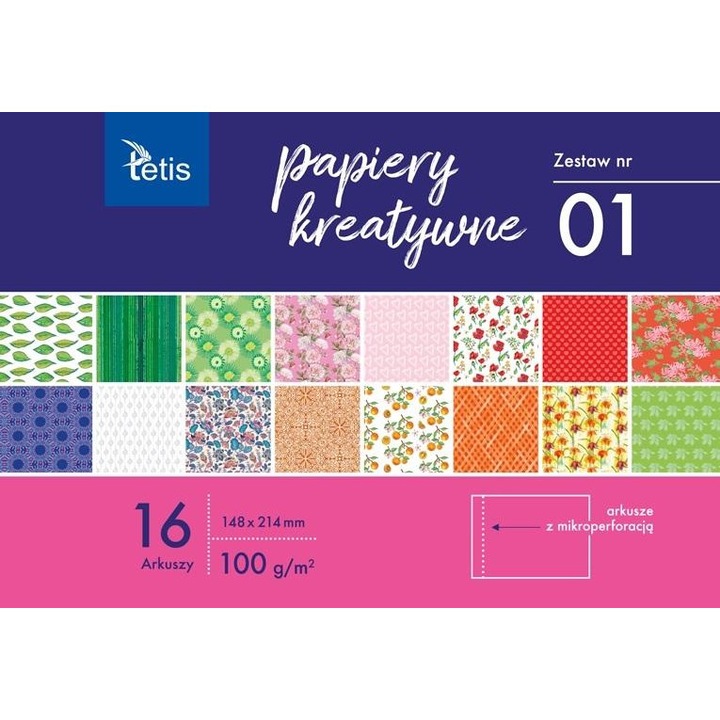 Set de hartie pentru lucru manual Tetis, 16 foi A5, microperforate, 148x214mm