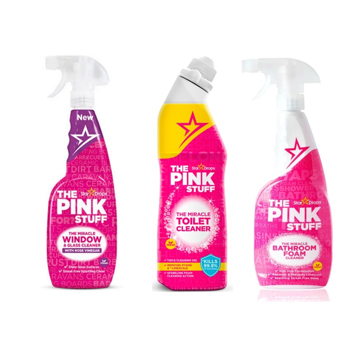 Комплектът за почистване Pink Stuff - 1x разтвор за почистване на баня, 1x разтвор за почистване на прозорци, 1x разтвор за почистване на тоалетна чиния